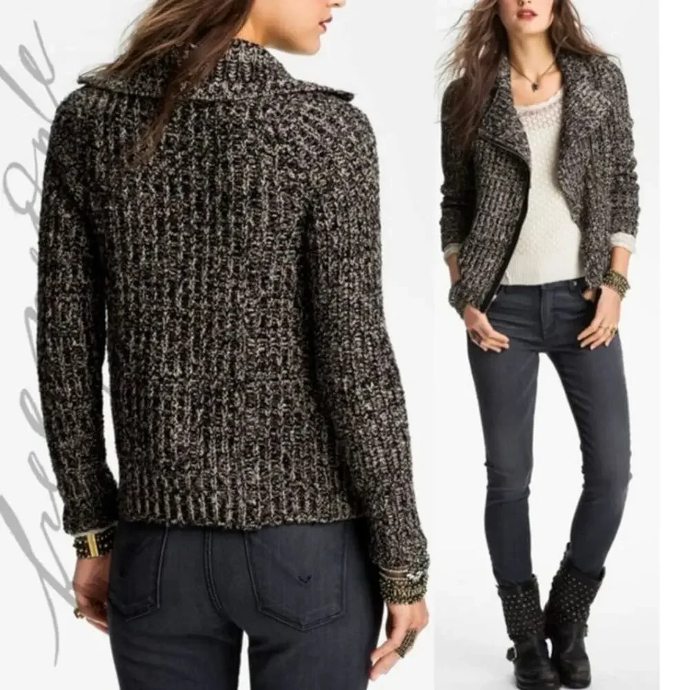 Free‎ People sweater Medium cardigan moto full zip chunky motorcycle